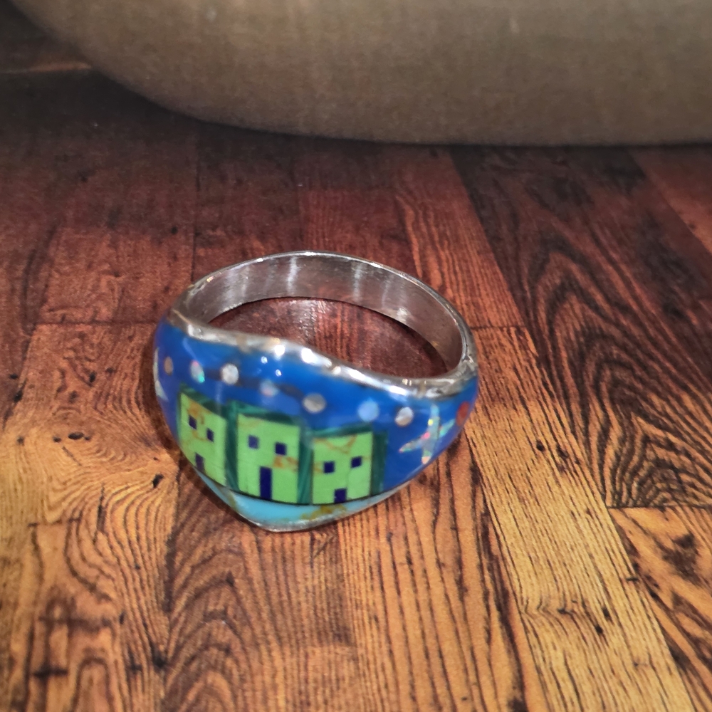 Silver and Blue Geometric Men's Ring